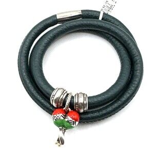 Brighton Woodstock Dark Green Triple Leather Bracelet NWT 22in +Beads/Charm